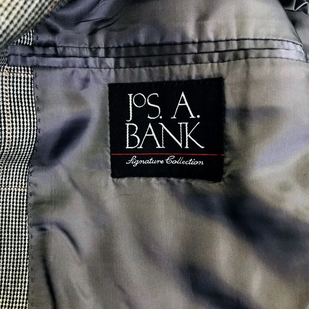 Jos A Bank Signature Sport Coat Silk Wool 44 L Plaid Windowpane Gray Career
